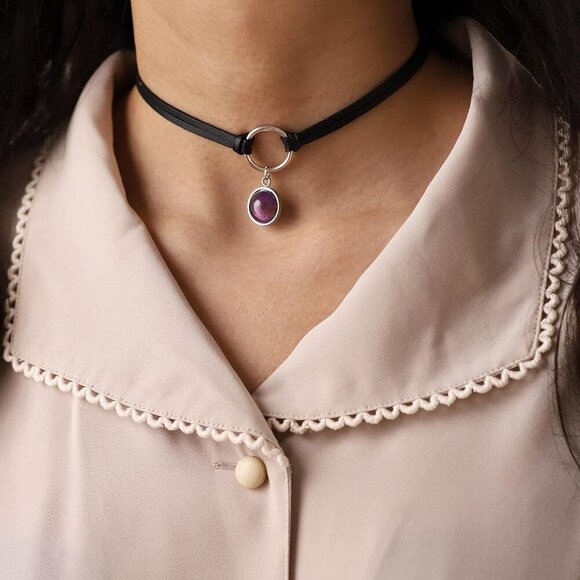 Jewelry Gothic Choker Black Faux Leather Crystal Pendant Gift for Women - Picture 2 of 7